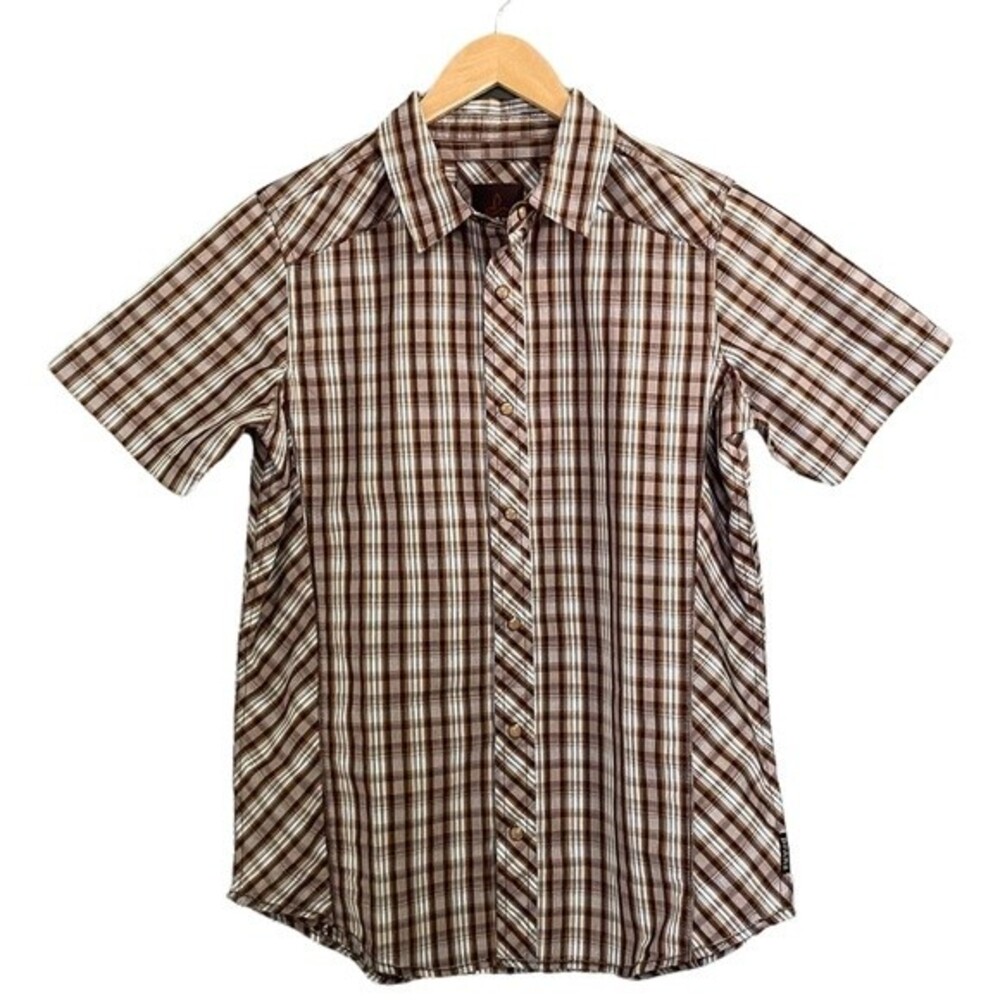 PrAna Mens Top Organic Cotton Brown Plaid Short Sleeve Snap Shirt Size Small